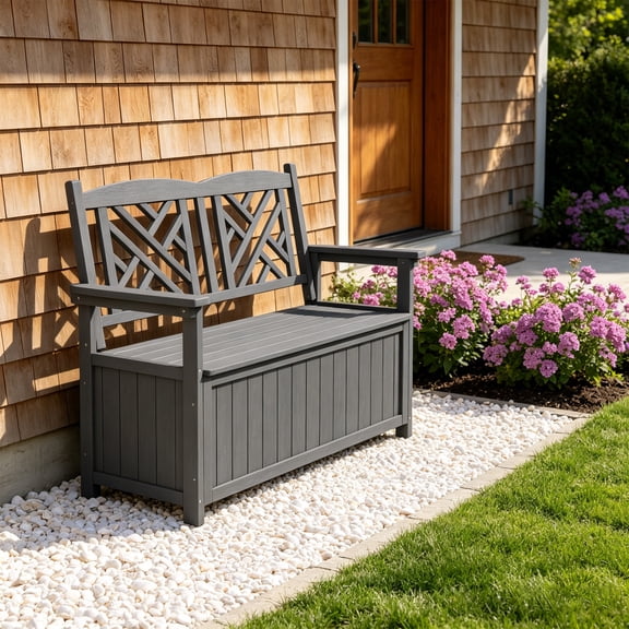 Outdoor Wooden Storage Bench with Armrests and Backrest, Deck Box with Removable Waterproof Liner for Patio Garden, Gray