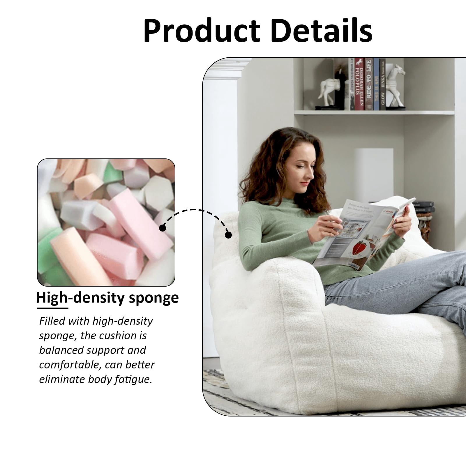 Lecut Bean Bag Chair Large Bean Bag Chair for Adults with Armrest Comfy Bean Bag Sofa with Foam Filling Fluffy Lazy Chair Soft Teddy Fabric Tufted Bean Bag for Dorm Bedroom Gaming White