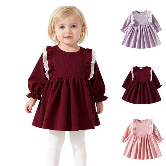 HAOTAGS Girls' Ruffle Sleeve A-Line Dress(6 Months-3 Years), Round Neck Casual Long Sleeve Toddler Infant Dresses Pink 6-9 Months