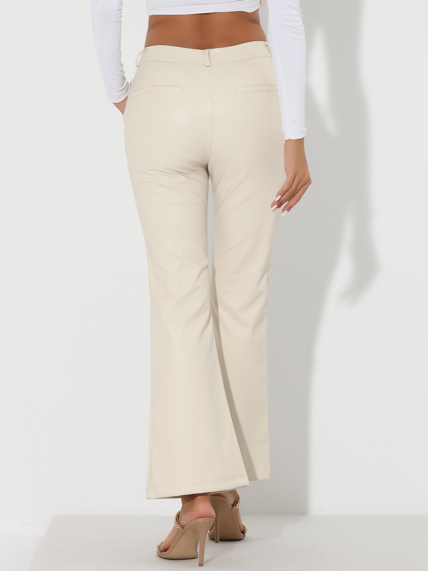 DARING DIVA Women's Faux Leather Flared High Waist Bell Bottom PU Trousers XS White