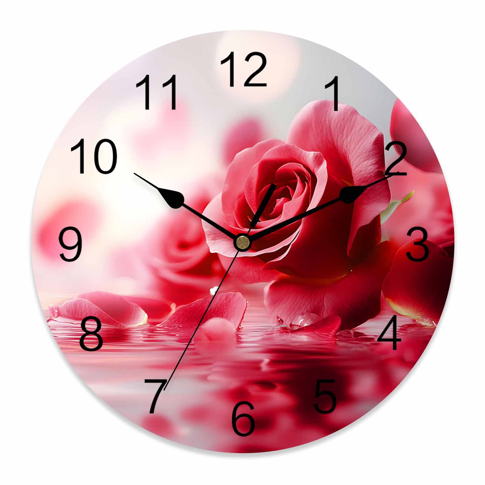 Wall Clock Red Rose Clocks PVC Silent Non-Ticking Battery Operated Decorative Dreamy Petals Water Round Clock for Home Living Room Kitchen Bedroom Office School Wall Decor 14 Inch