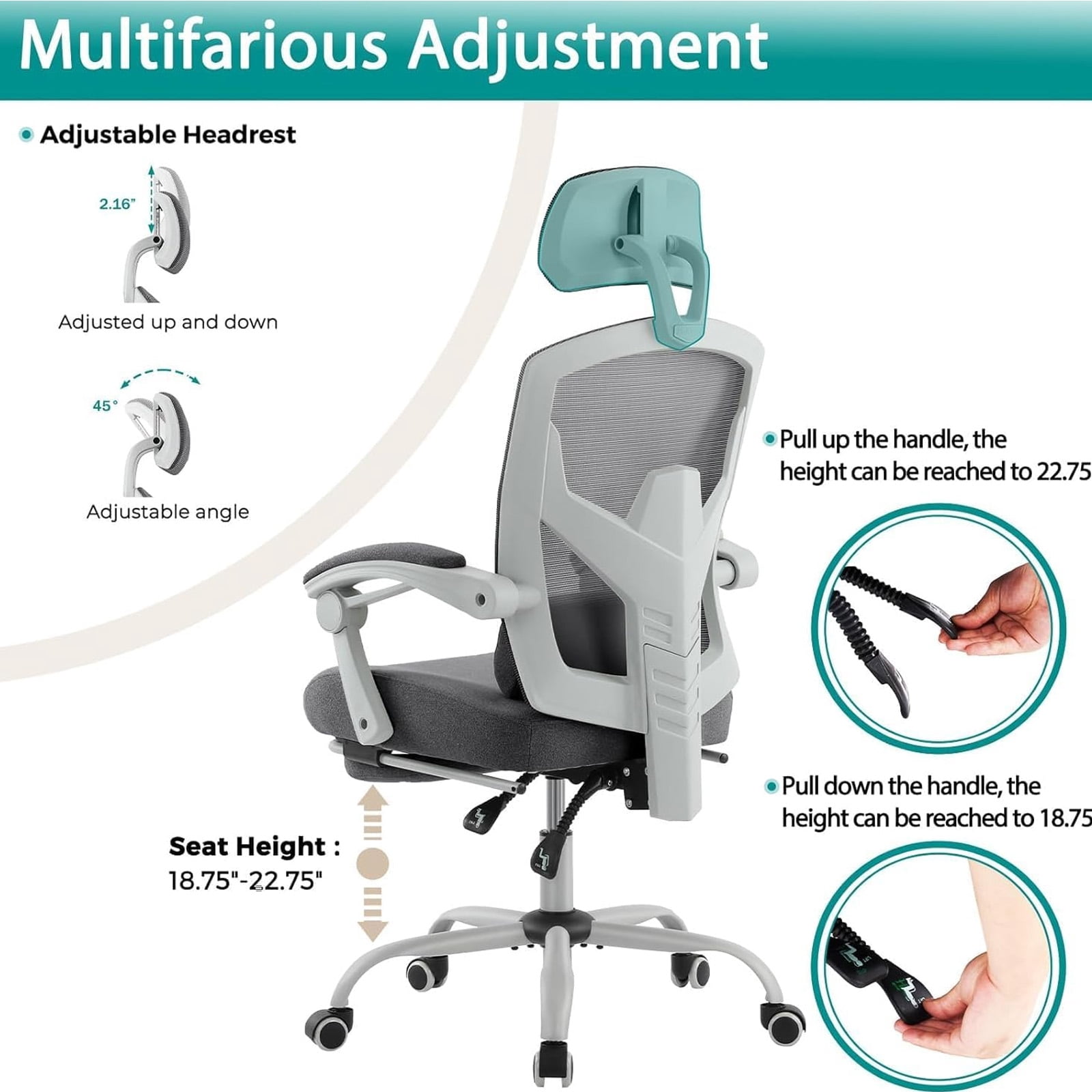Casabay Ergonomic Home Office Desk Chair, High Back Mesh Reclining Swivel Chair with Footrest & Armrest for Back Pain Relief, Gray