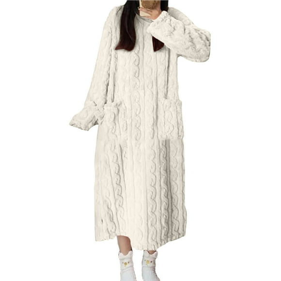 Moxiu Winter Warm Cozy Sleepdress for Women - Fuzzy Flannel Loose Pullover Loungewear with Pocket White,M