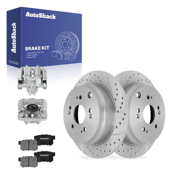 AutoShack Rear Solid Drilled & Slotted Silver Zinc Coated Brake Rotors   Ceramic Pads   Calipers 8-PC Brake Kit Replacement for 2005-2006 Honda CR-V SilverShield Pro 11.99" (304.6 mm)