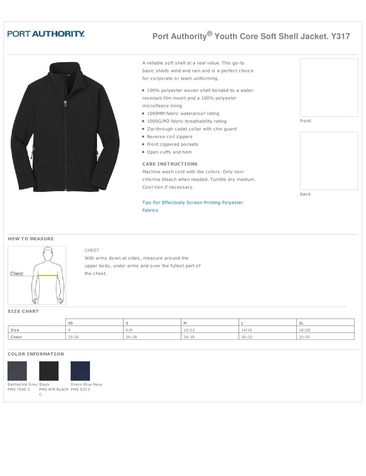 Y317 Dress Blue Navy XL Port Authority Youth Core Soft Shell Jacket
