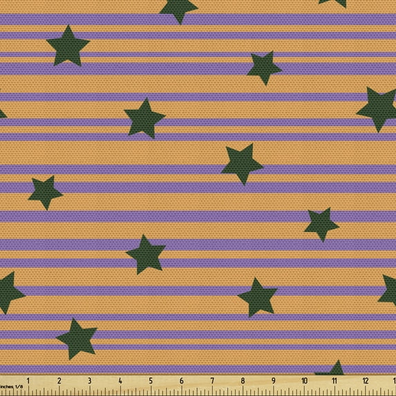 Retro Fabric by the Yard Upholstery, Horizontal Stripes with Dark Green Stars Simplistic Graphic Abstract, Decorative Fabric for DIY and Home Accents, 5 Yards, Orange Violet Dark Green by Ambesonne