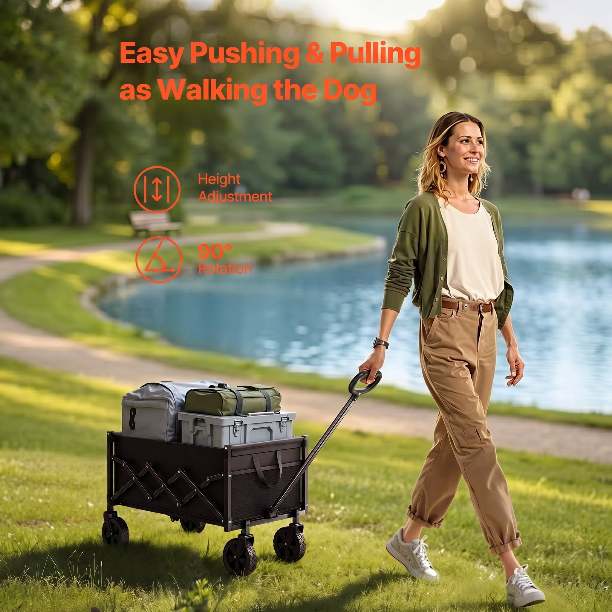 Collapsible Wagon Carts, 120L & 225LBS Folding Wagons with All-Terrain Wheels, Heavy Duty Outdoor Utility Cart with Adjustable Handle, Portable Camping Cart for Beach Grocery Garden, Black