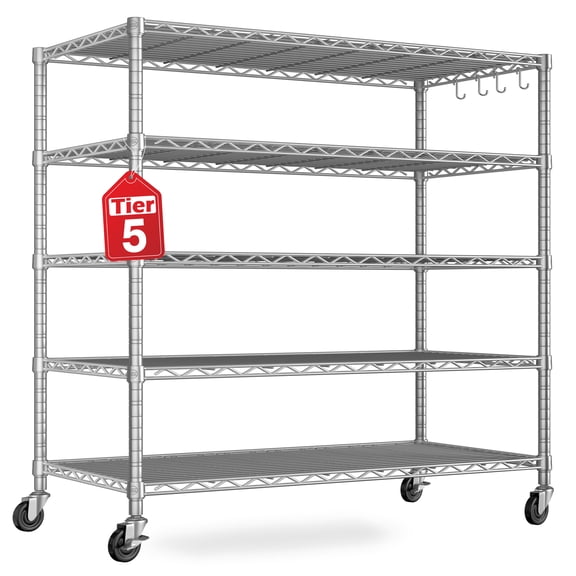 TrumanPick 5-Tier Storage Shelves 81"H x 48"W x 24"D Heavy Duty Garage Shelving Unit with Wheel & Feet, Height Adjustable Wire Shelf for Kitchen Pantry, Chrome