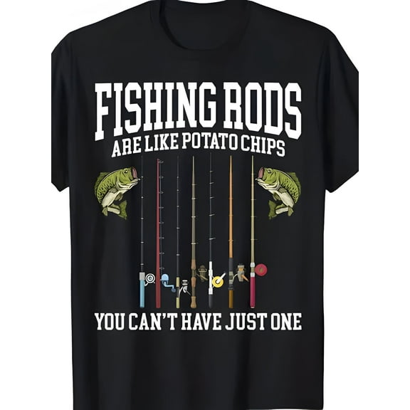 Men's Plus Size Fishing Rod Graphic T-Shirt - 100% Cotton, Casual Round Neck Tee with "FISHING RODs ARE LIKE POTato CHIPS" Print, Short Sleeve, Relaxed Fit, All-Season Wear, Casual Wear