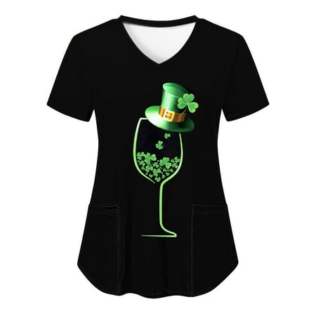 

St. Patrick s Day Scrub Tops for Women Short Sleeve V Neck Shamrock Graphics Nurse Uniform Shirts with Pocket