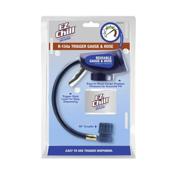 EZ Chill A/C Recarga Reutilizable Calibre R-134a y Manguera, Piezas de Aire Acondicionado para Auto, Vehículo Universal