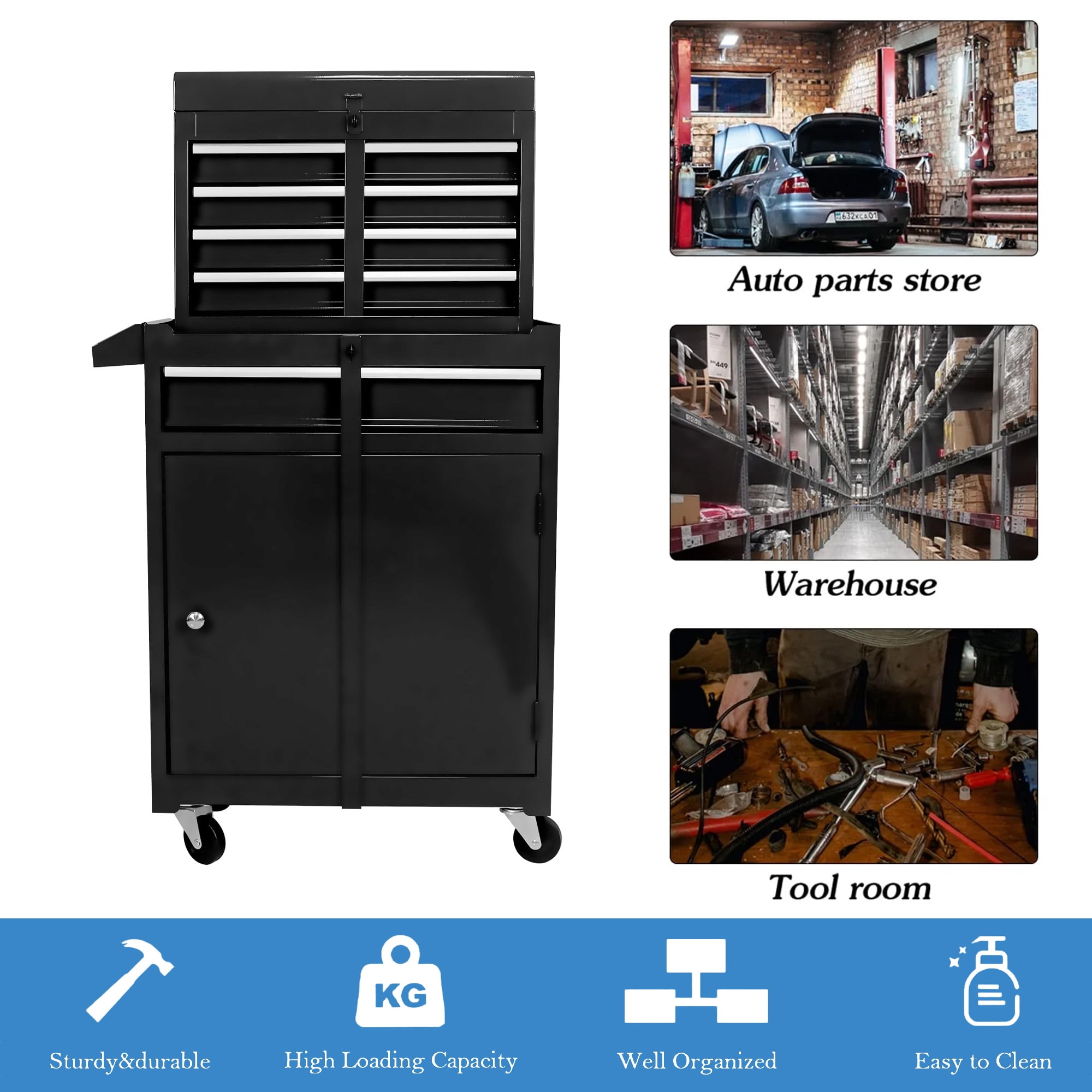 Aukfa Tool Chest, 2 in 1 Steel Rolling Tool Box & Cabinet On Wheels for Garage, 5-Drawer, Black