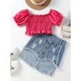 thumbnail image 2 of Baby Girls Short Skirt Set Pleated Short Sleeve Tops + Irregular Hem Fringe Short Denim Skirt Set, 2 of 9