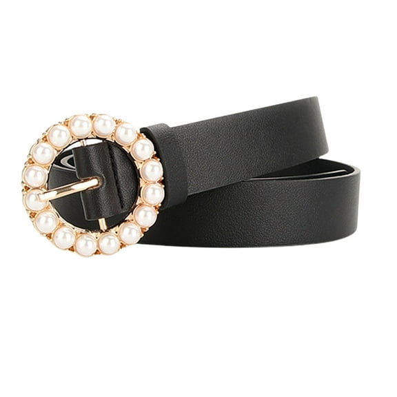 Jdlsppl Women's Faux Leather Belt Elegant Pearl Gold Metal Buckle Belt for Dress Fashion Slimming Beaded Casual Jeweled Belt Red One Size