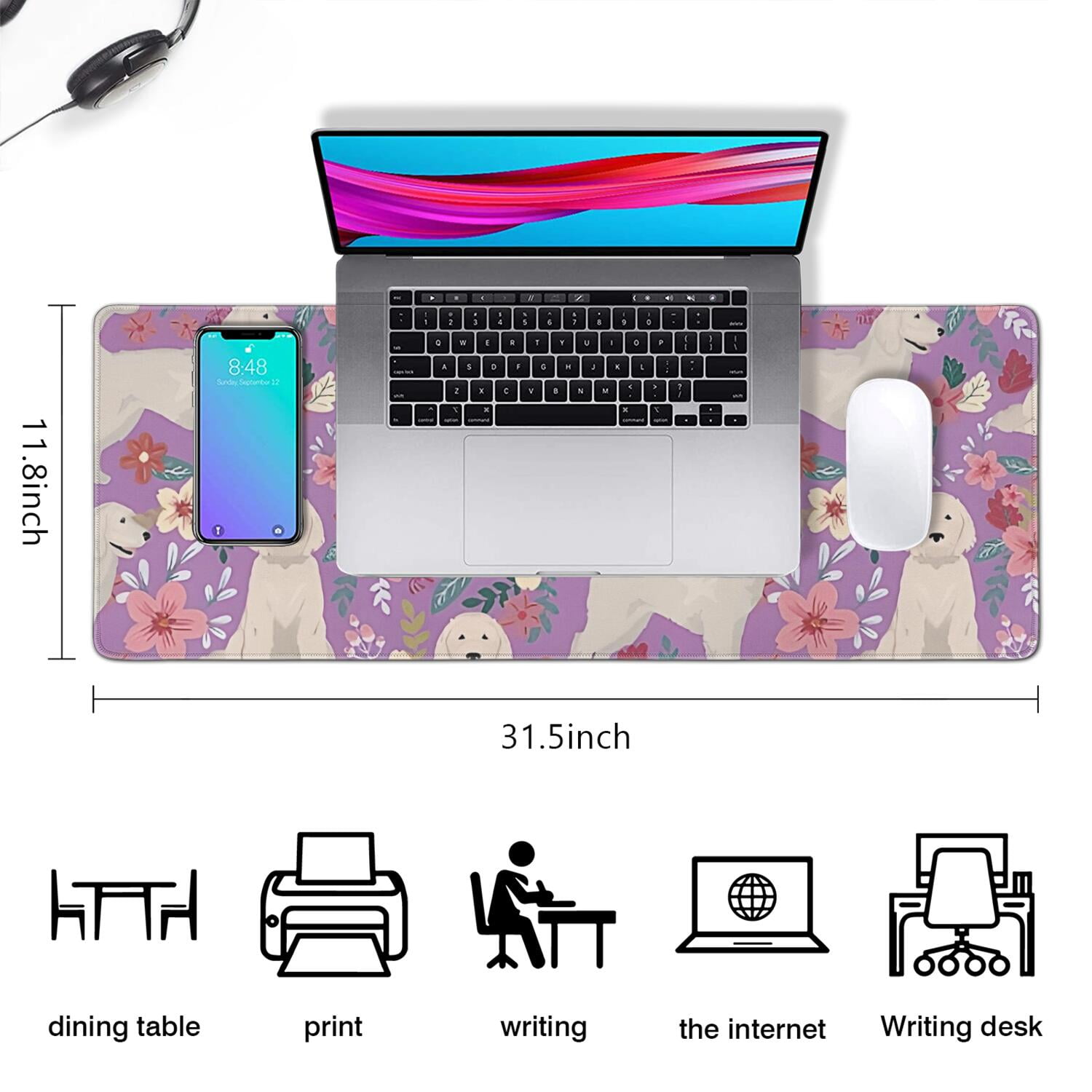 Long Mouse Pads for Desk,Goldendoodle Dog and Flower Floral Desk Mats on Top Of Desks, Desk Mouse Pad Extra Large with 3mm Non-Slip Base and Stitched Edge for Gaming,Office,Work,Home 31.5"x11.8"