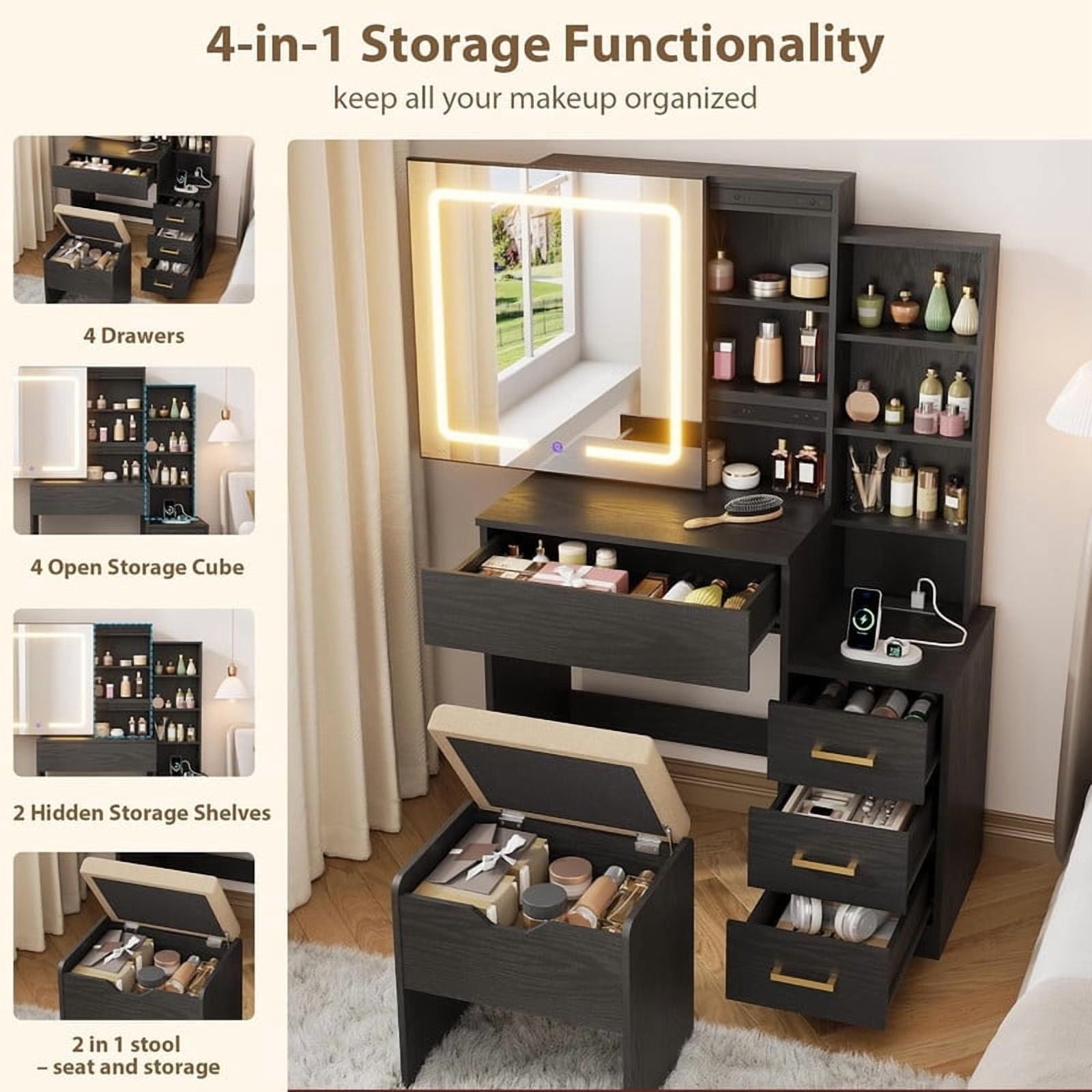 TROPOW Vanity Desk with Mirror and Lights, Makeup Vanity with Drawer & Storage Shelves, Cabinet, 3 Lighting Modes Adjustable Brightness, Power Outlet,Black