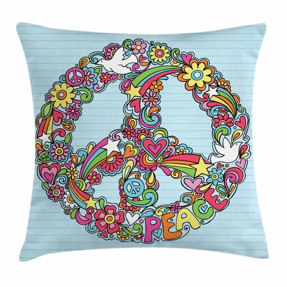 Ambesonne Floral/Peace Sign Polyester Throw Pillow, 16" x 16"