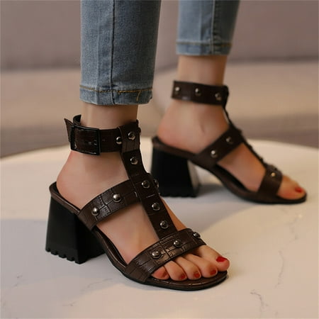 

Cathalem Nine Sandals for Women Size 7 Ladies Fashion Snakeskin Leather Hollow Open Toe Metal Fit Flops Sandals for Women Brown 9