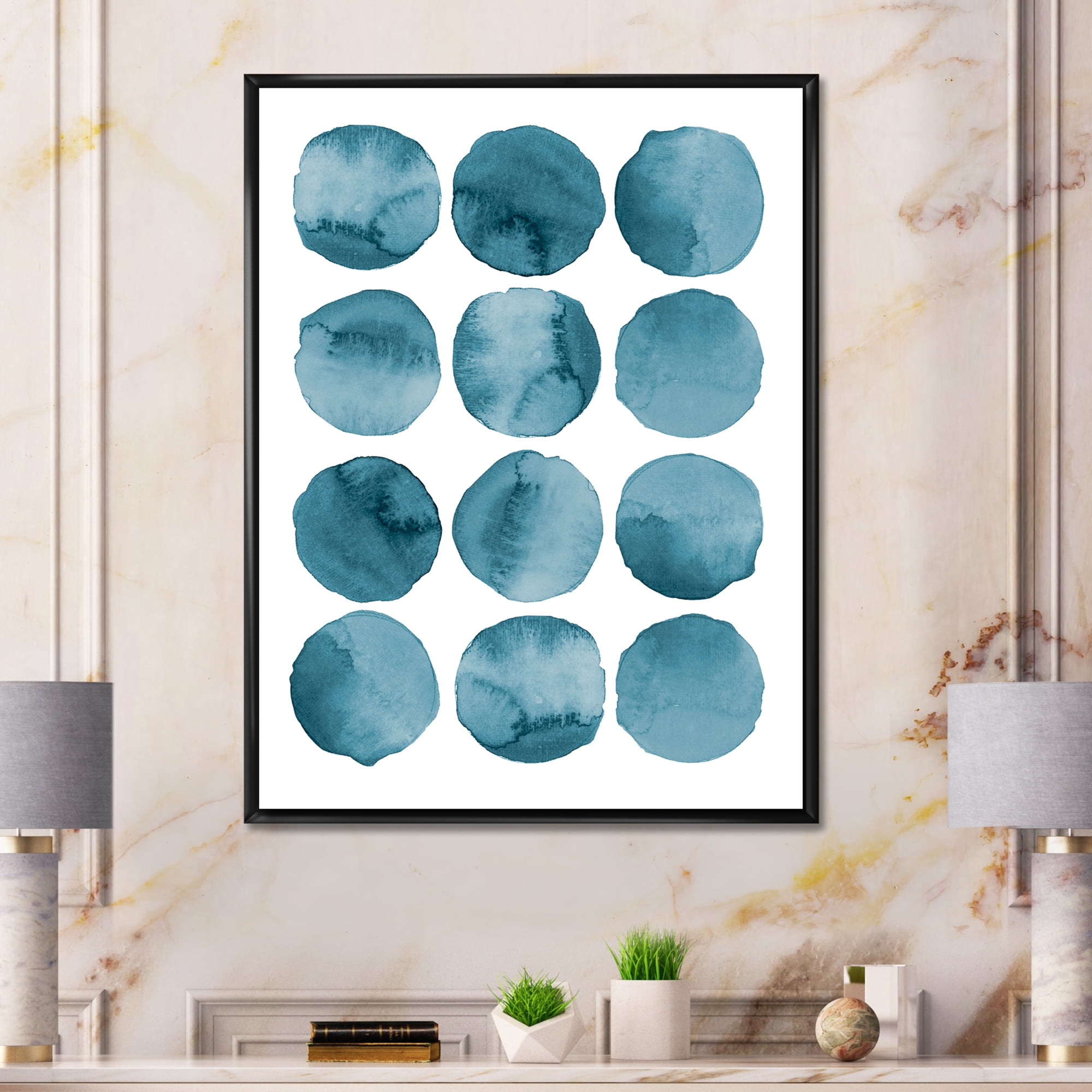 Designart 'Blue Aquamarine Circles Geometric Elements' Modern Framed Canvas Wall Art Print