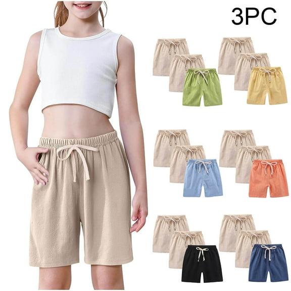 Einccm 3 Pack Girls Linen Cotton Shorts, Soft Breathable Summer Shorts with Adjustable Waist, Comfortable Loose Fit, Casual Everyday and Outdoor Wear, Ages 2-10