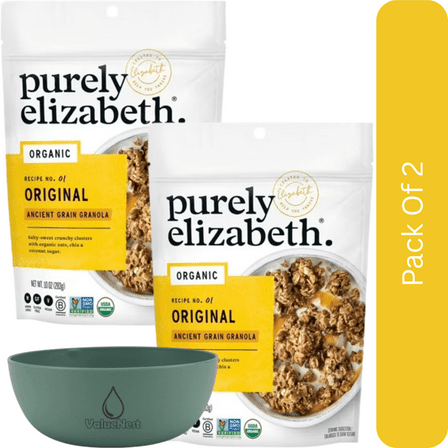 Purely Elizabeth Organic Ancient Grain Granola, Original, 10 oz Bag-2pk, With Olive Green Bowl By ValueNest
