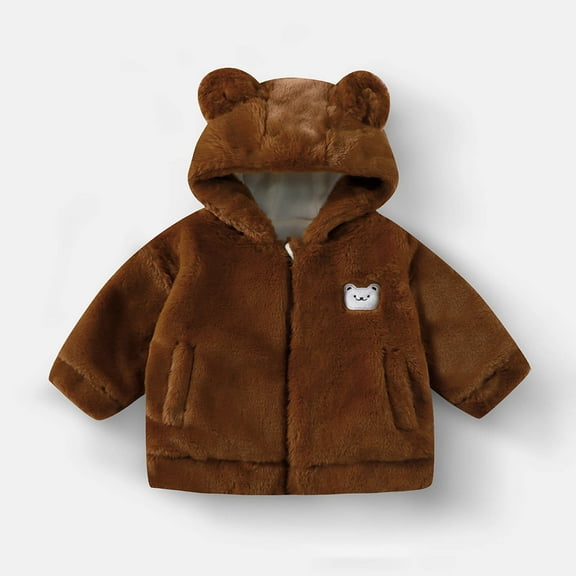 Delliss Girls' Thick Plush Jacket Fleece Hooded Top Warm Cardigan Zipper Coat Brown 5-6Years