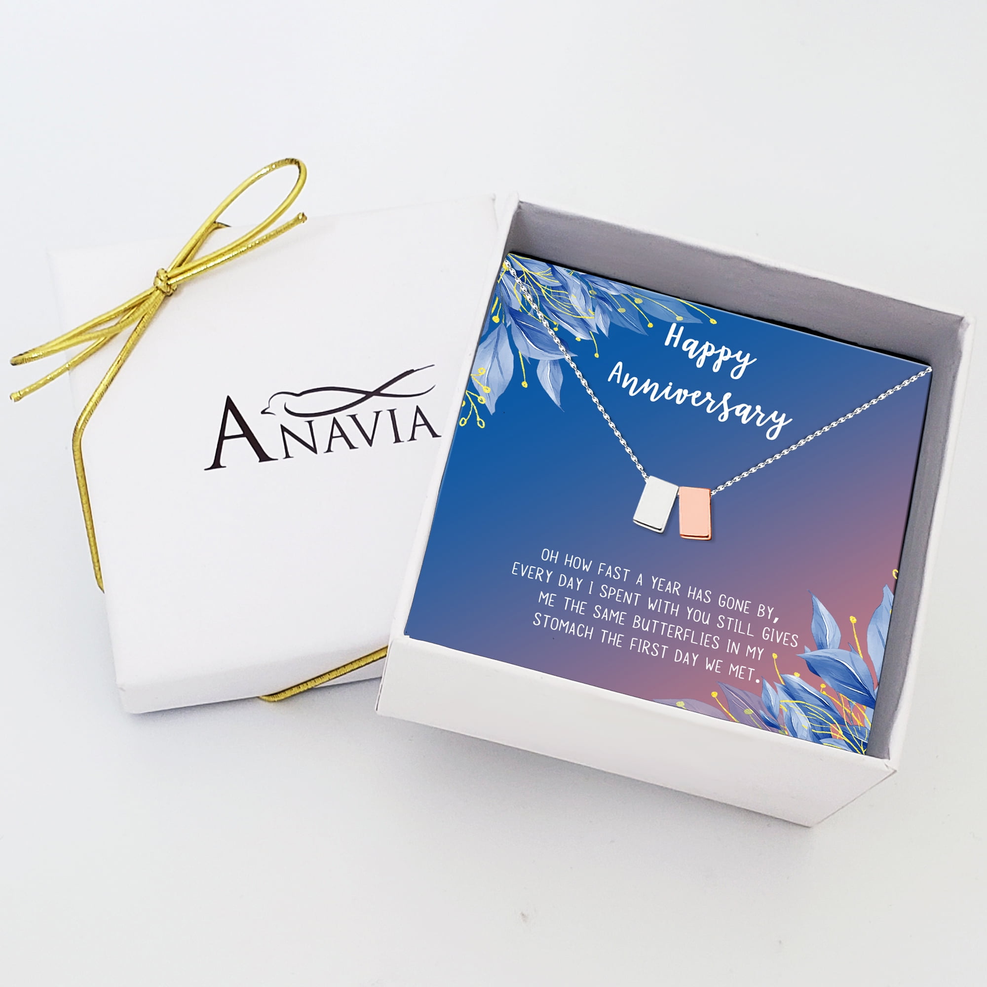 Anavia Happy Anniversary Gift Necklace,Wedding Anniversary Gift for Wife,Express Love Card Jewelry Gift-[Silver and Rose Gold Double Cube, Blue-Orange Gift Card]