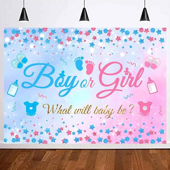 Gender Reveal Boy Or Girl Beautiful Photo Backdrop He Or She What Will Baby Be Blue Pink Footprints Glitter Dots Star Party Decorations Photography Background Polyester
