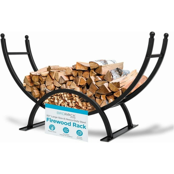 BIRDROCK HOME 50in Firewood Rack for Outdoor or Indoor Use | Fire Wood Log Storage Holder | Black Elevated Curved Design | Kindling Under Rack