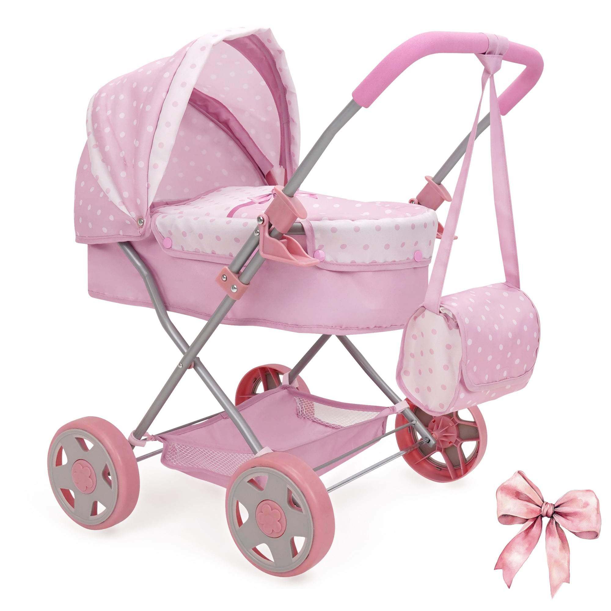 509 Crew: Bow Daisy Doll Pram - Pink & White, Handbag, Removable Bassinet, Canopy, Foam Handle, Push Stroller, Foldable, Doll Accessory Toy, Kids 3+