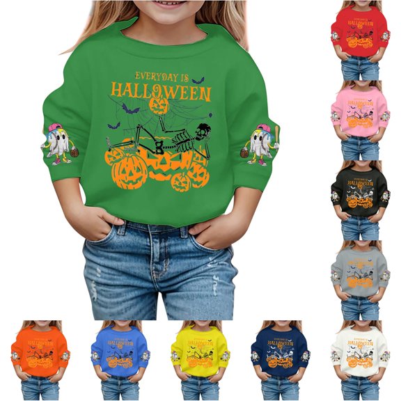 Krdevn Kids Everyday Is Halloween Skeleton Pumpkin Ghost Baseball Graphic Crewneck Sweatshirt Long Sleeve Casual Pullover Top for Halloween Holiday Wear Green,13-14 Years