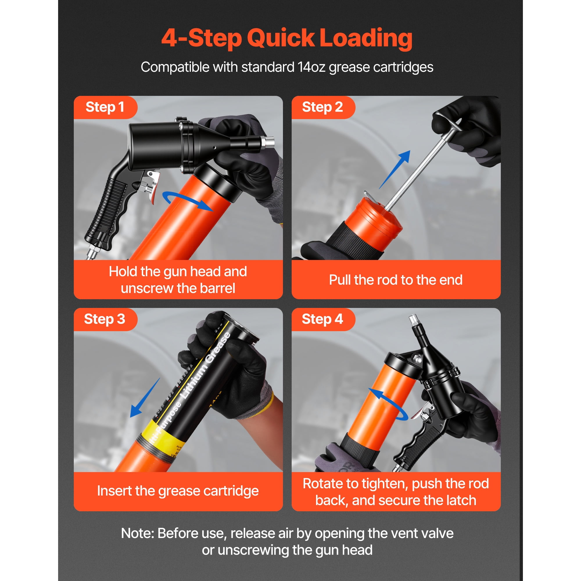 KFFKFF Heavy Duty Grease Gun, 6000 PSI High Pressure, Pistol Grip Design with 14 oz Capacity, Includes 18-Inch Flexible Hose, Rigid Extension Pipe, and Flat Nozzles for Automotive Use