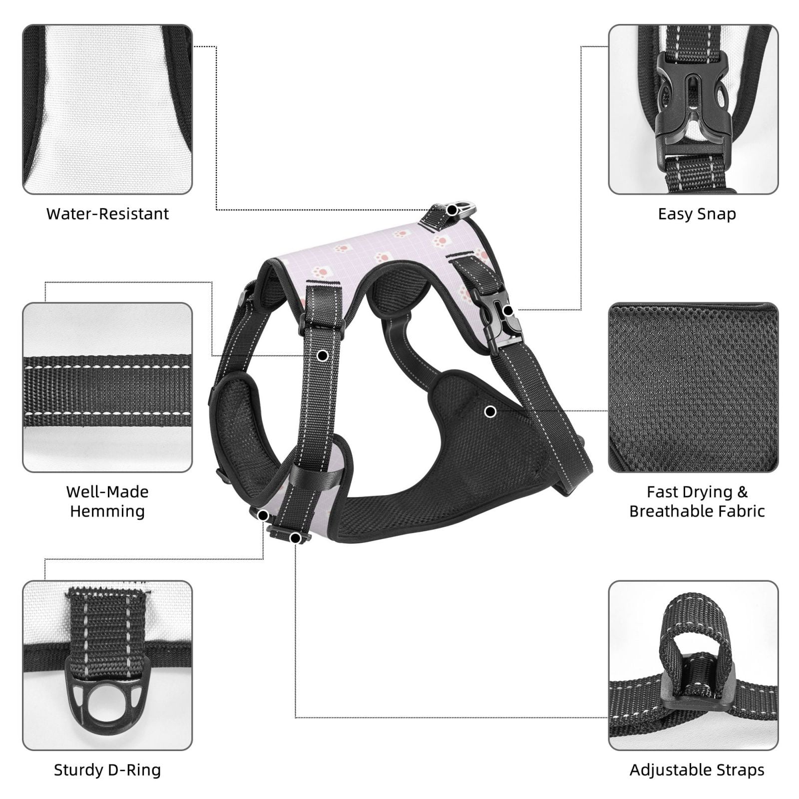 Vsdgher Kawaii Cat Paw Pattern Dog Harness,No Pull Pet Harness with Soft Padded Handle,Adjustable Reflective Vest with 2 Buckles,4 Slide Buckles,S-XL Medium