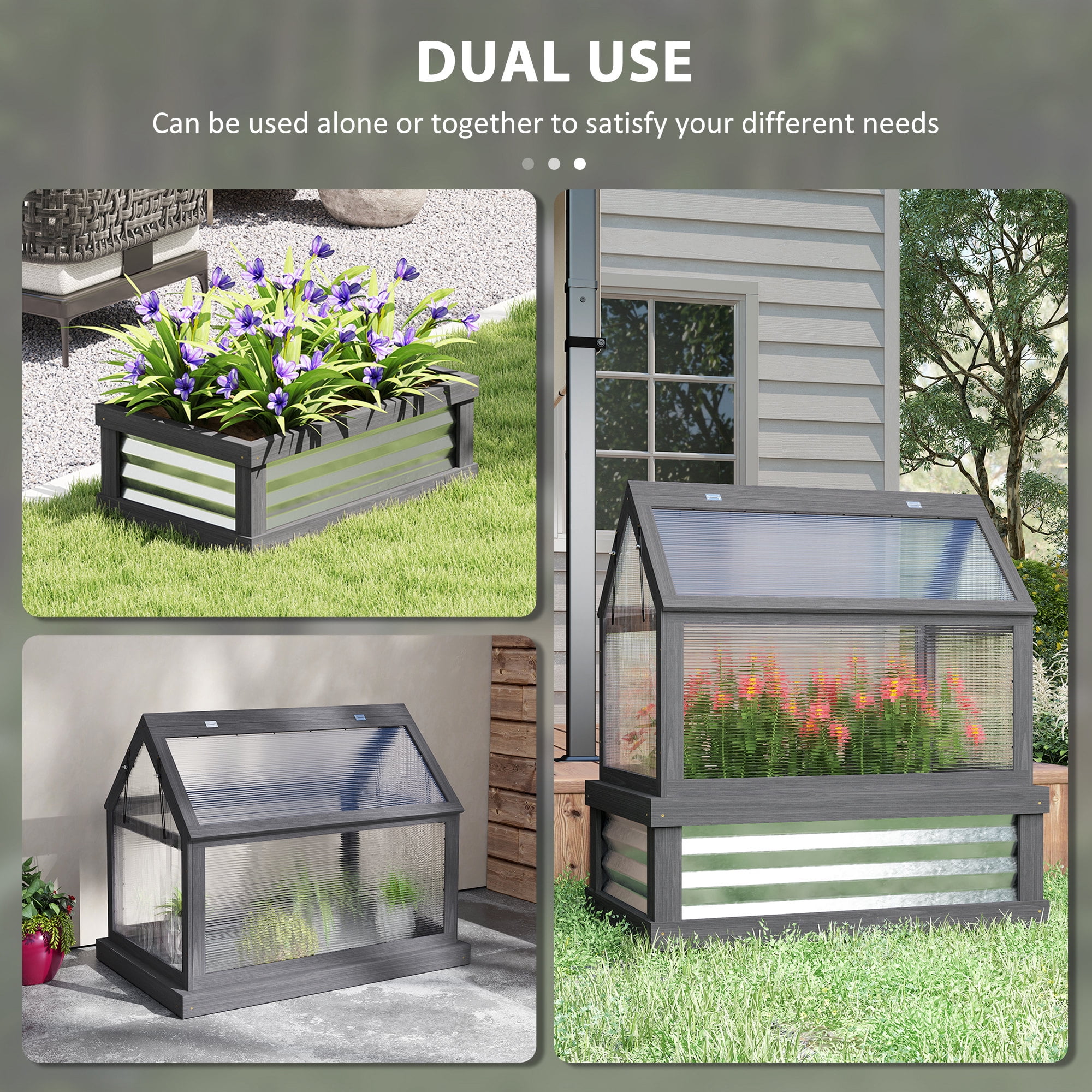 Outsunny Raised Garden Bed with Polycarbonate Greenhouse, Wooden Cold Frame Greenhouse, Garden Flower Planter Protection, 35.5"x22.5"x38.25", Gray