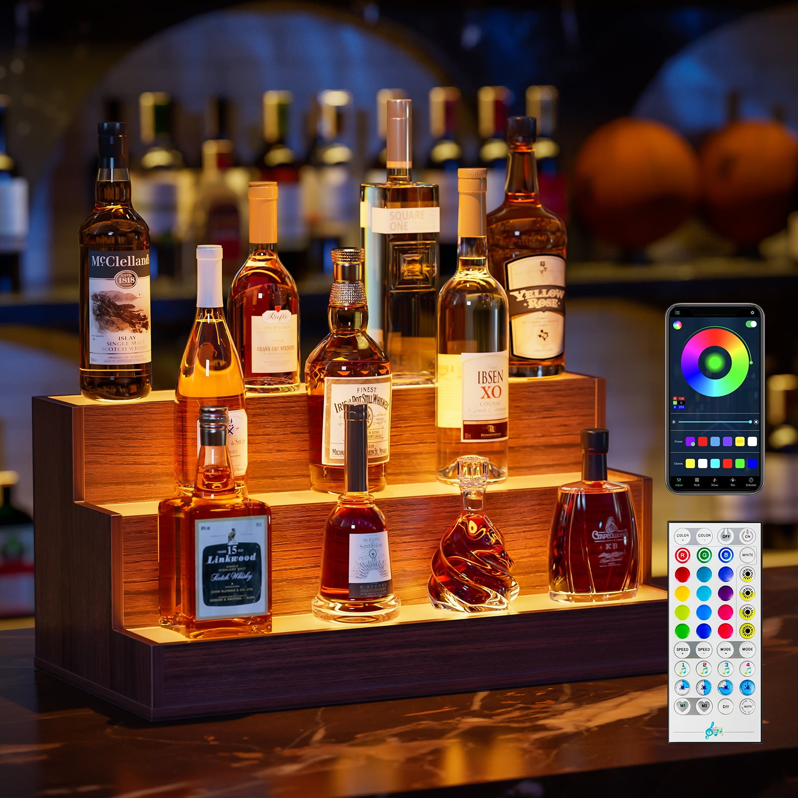 35" LED Lighted 3-Tier Bottle Rack Shelf With Remote & Color Changing Lights For Home Bar