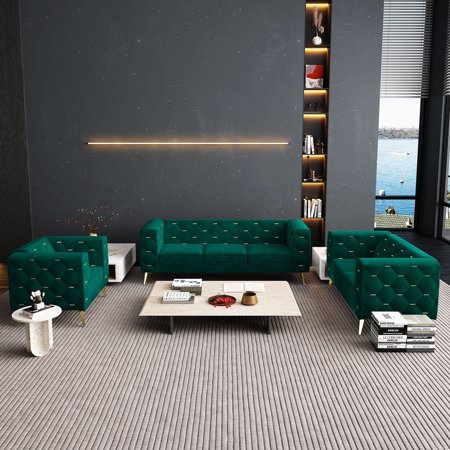 Giratree Living Room Furniture Sets, 3 Piece Mid Century Modern Velvet Upholstered Living Room Sofa, Green