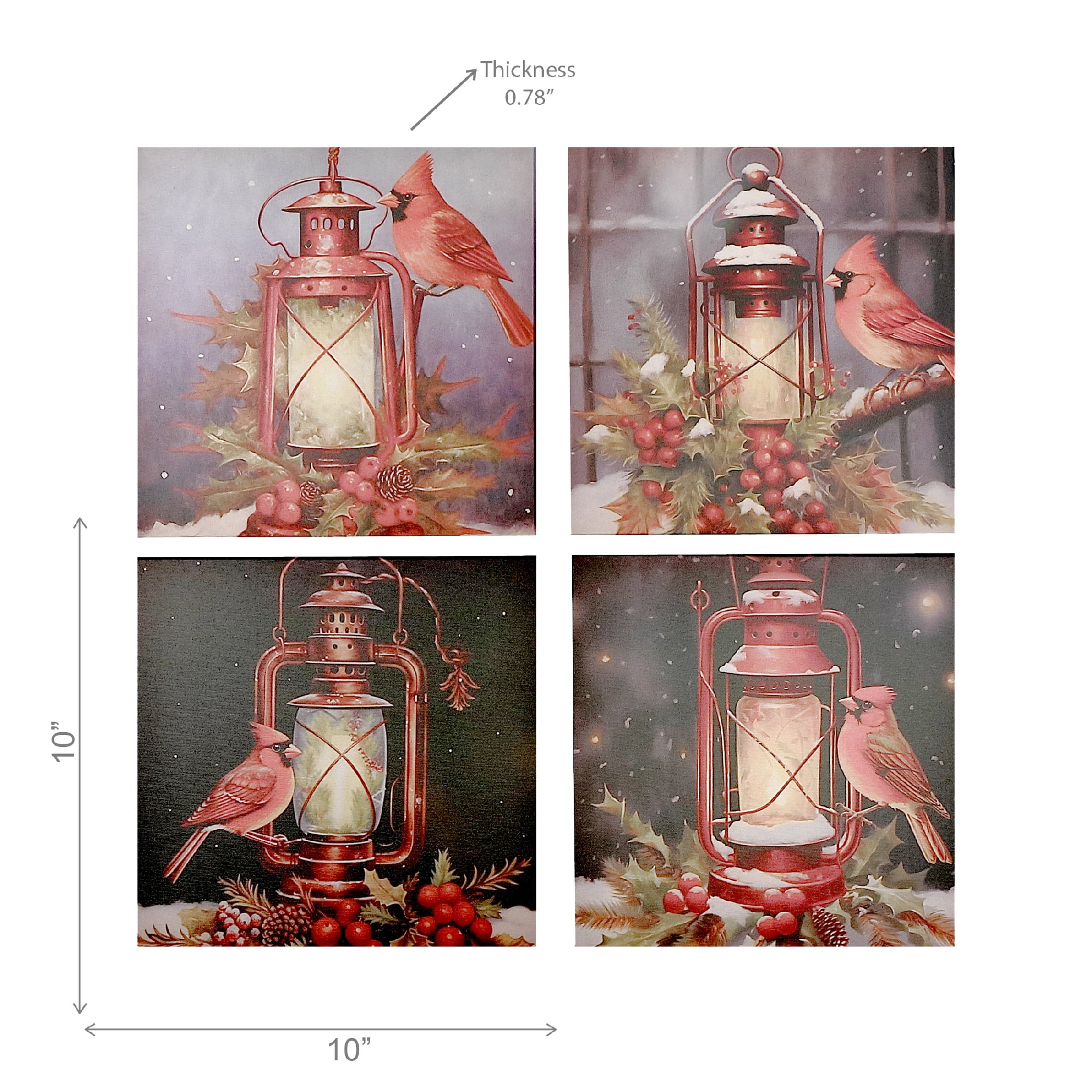 Canvas Wall Art Asstd (Glowing Lantern With Cardinal) - Set of 4