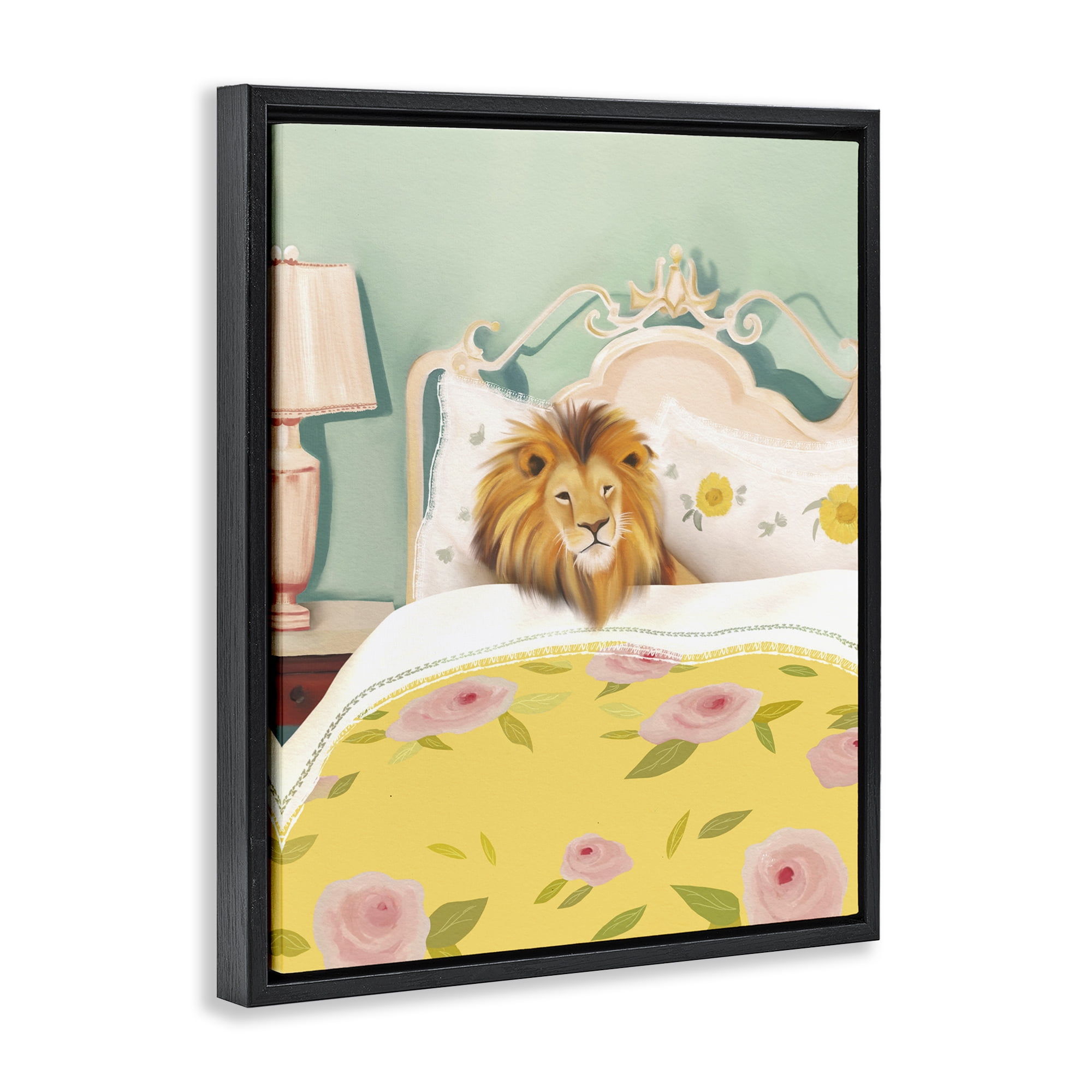 Good Morning Lion in Bed Black Framed Floater Canvas Wall Art, design by Leah Straatsma