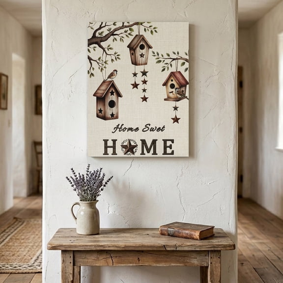 Bird Houses Canvas Wall Art for Living Room Bedroom Bathroom, Sparrows Home Sweet Branch Star Linen Texture Canvas Art Wall Decor, Artwork for Walls Home Office Decor, 12"x18"