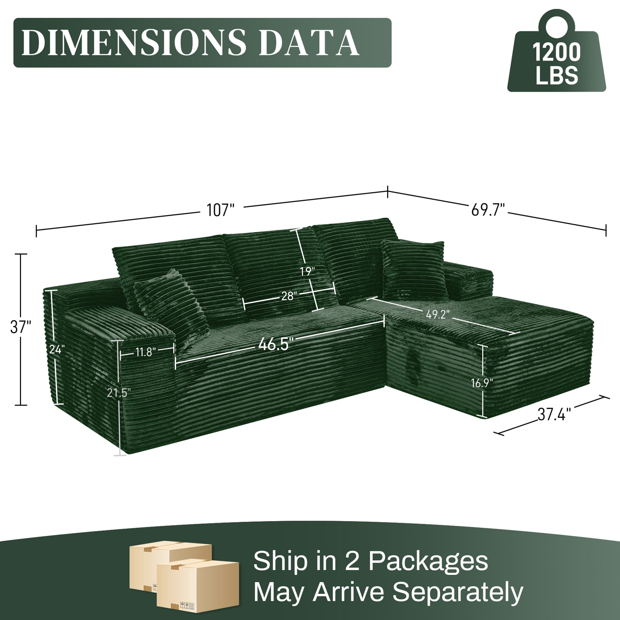 Aukfa 107" Cloud Modular Sectional Couch with Right-Facing Chaise, Corduroy Deep Seat Boneless Sofa for Living Room, Apartment, Emerald