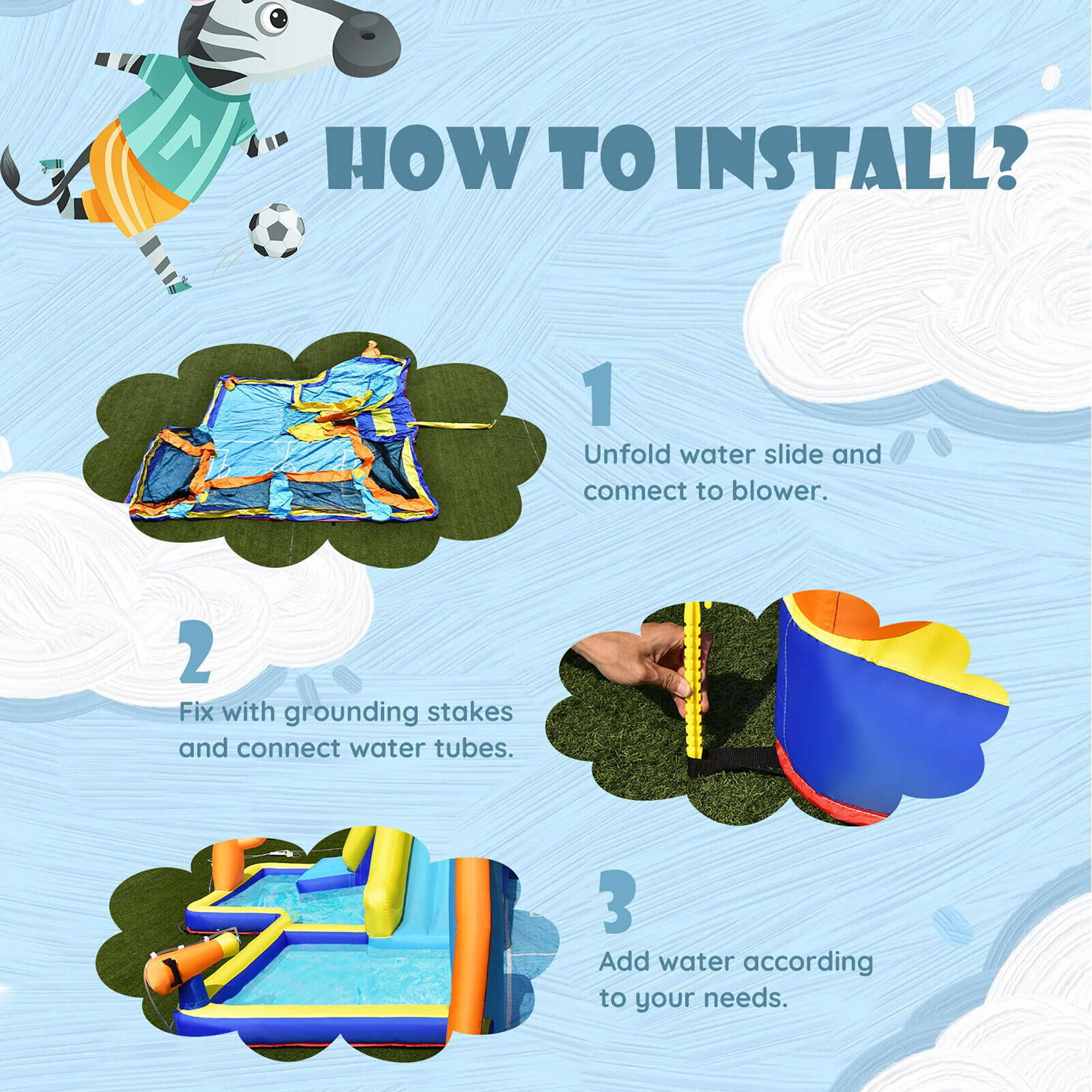 Gymax Giant Soccer-Themed Inflatable Water Slide Bouncer Splash Pool With 680W Blower
