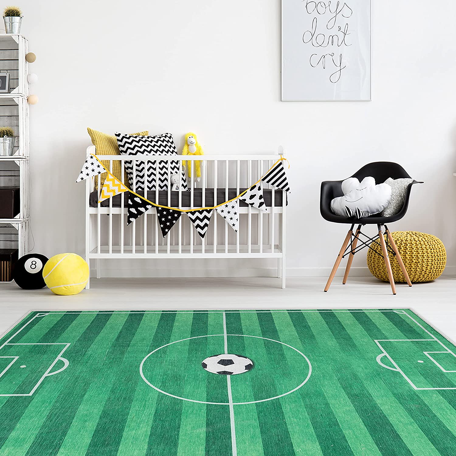 Well Woven Kids Rugs Soccer Field Modern Green Printed Distressed Machine Washable 5' x 7' Area Rug