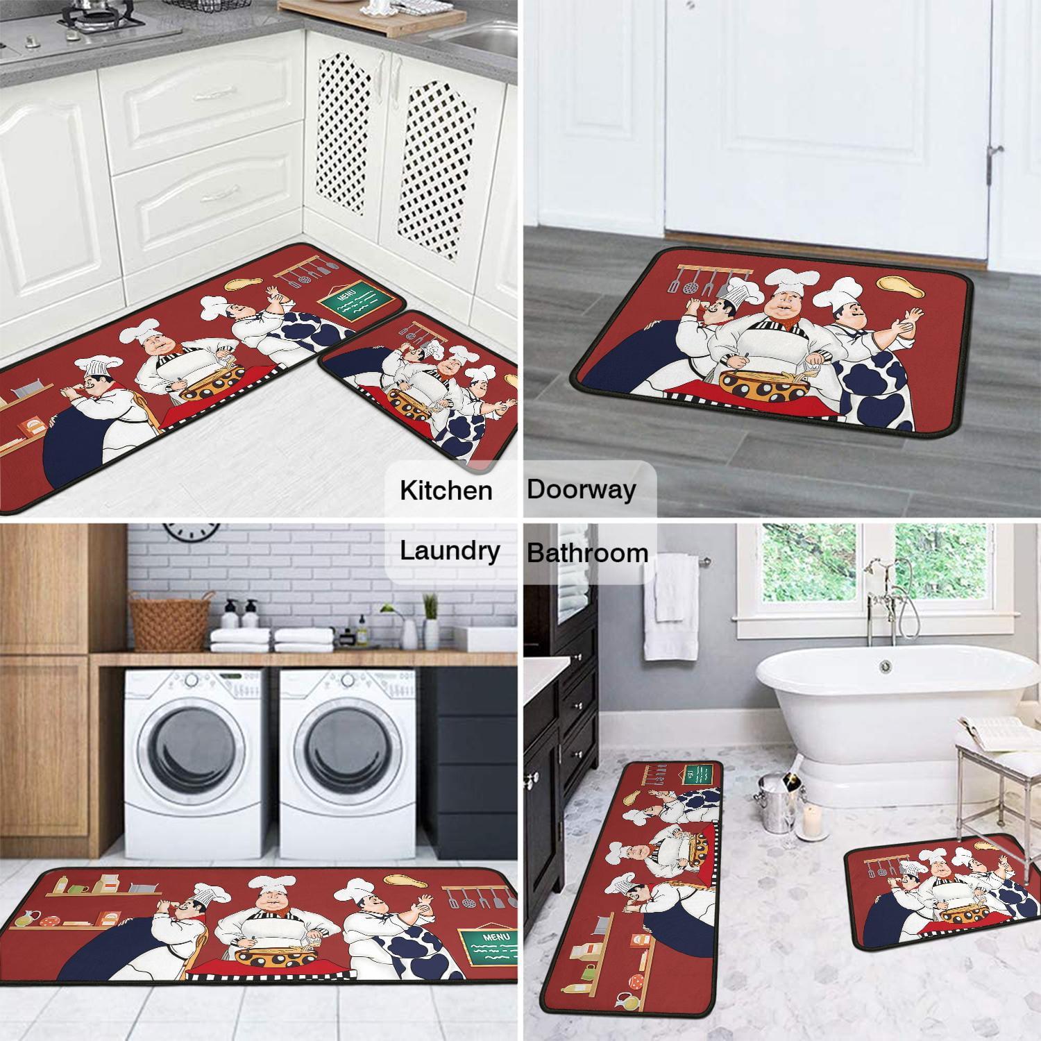 Fat Chef Kitchen Rugs and Mats Sets of 2-Red Kitchen Decor Rugs-Rubber Backing Non-Slip Floor Mat for Sink Washable Waterproof Laundry Room Runner Rugs