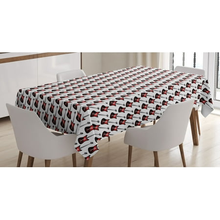 Guitar Tablecloth, Repeating Graphic Electric Guitars in Diagonal Order Rock Music Band Songs, Rectangular Table Cover for Dining Room Kitchen, 52 X 70 Inches, Red Black White, by