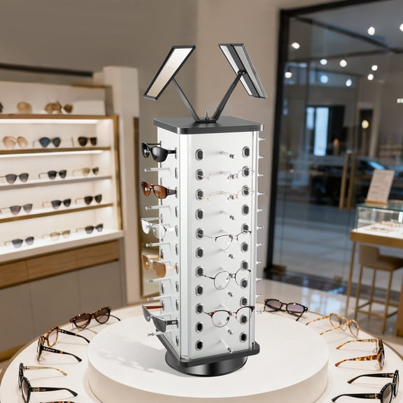 ToppiJoy 360 Rotating Sunglasses Rack, Sunglass Display Rack Glass Holder Freestanding with Mirror for Retail Display Commercial Glasses Square