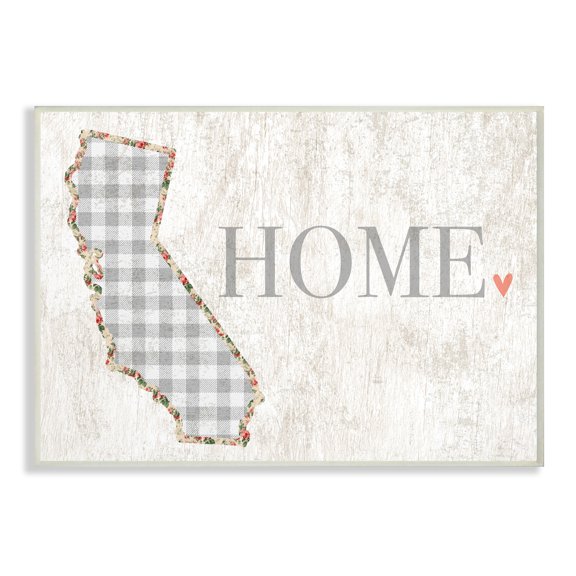 The Stupell Home Decor Collection California Grey Gingham and Floral Heart and Home Wall Plaque Art, 10 x 0.5 x 15