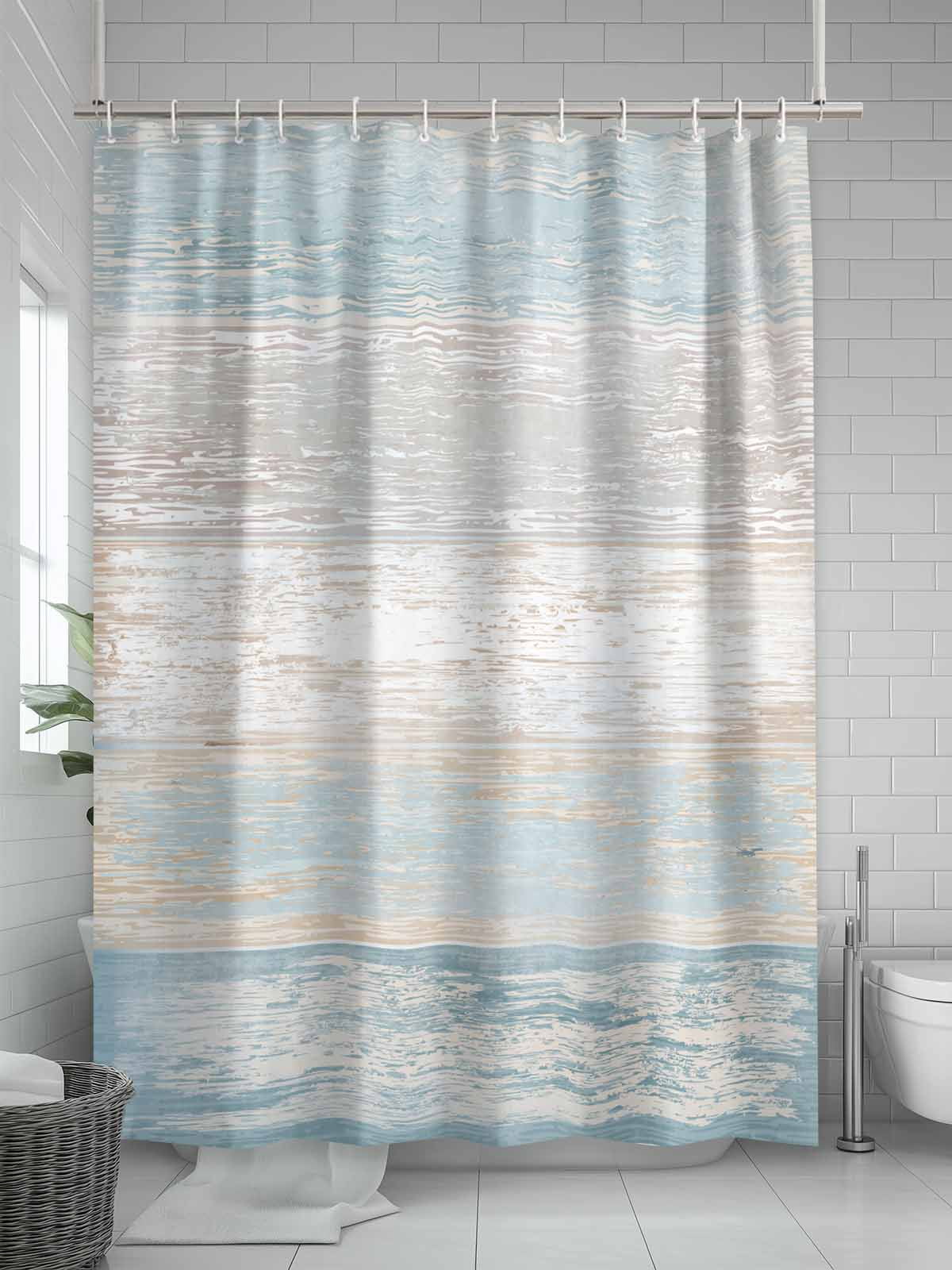 Blue Beige Farmhouse Standard Shower Curtain Set, Waterproof Shower Curtains for Bathroom, Vintage Wooden Striped Washable Fabric Cloth Bath Curtain for Bathtub Decoration with Hooks 72x72 Inches
