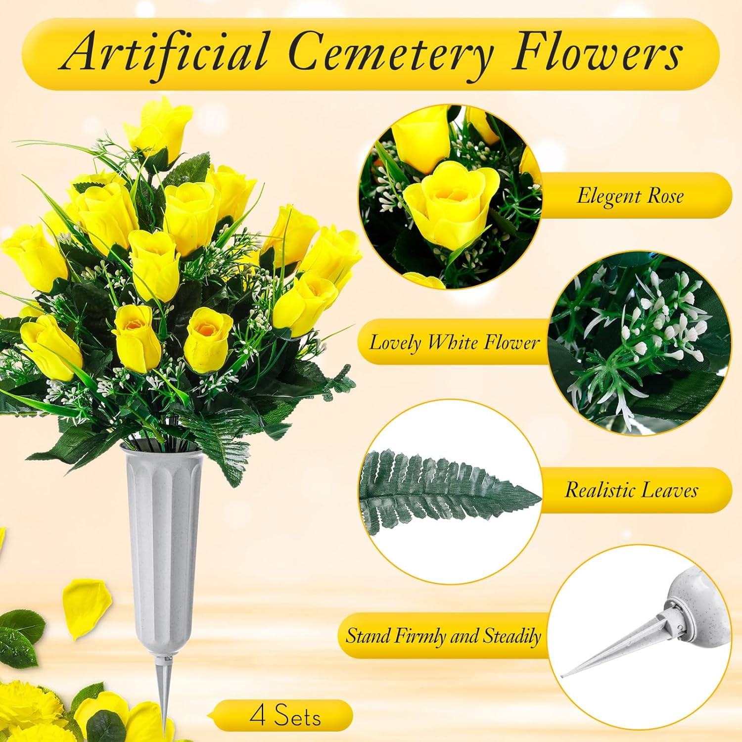 Cemetery Flowers for Grave 96 Heads Artificial Rose Bouquet Arrangement with Vase Silk Memorial Flowers for Christmas Memorial Day(Yellow)