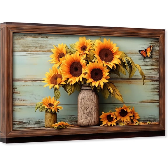 ZHONGYUTONG Rustic Sunflower Canvas Wall Art Farmhouse Yellow Flower Pictures Country Floral Painting Print for Bathroom Decor Framed (12.00" x 18.00")