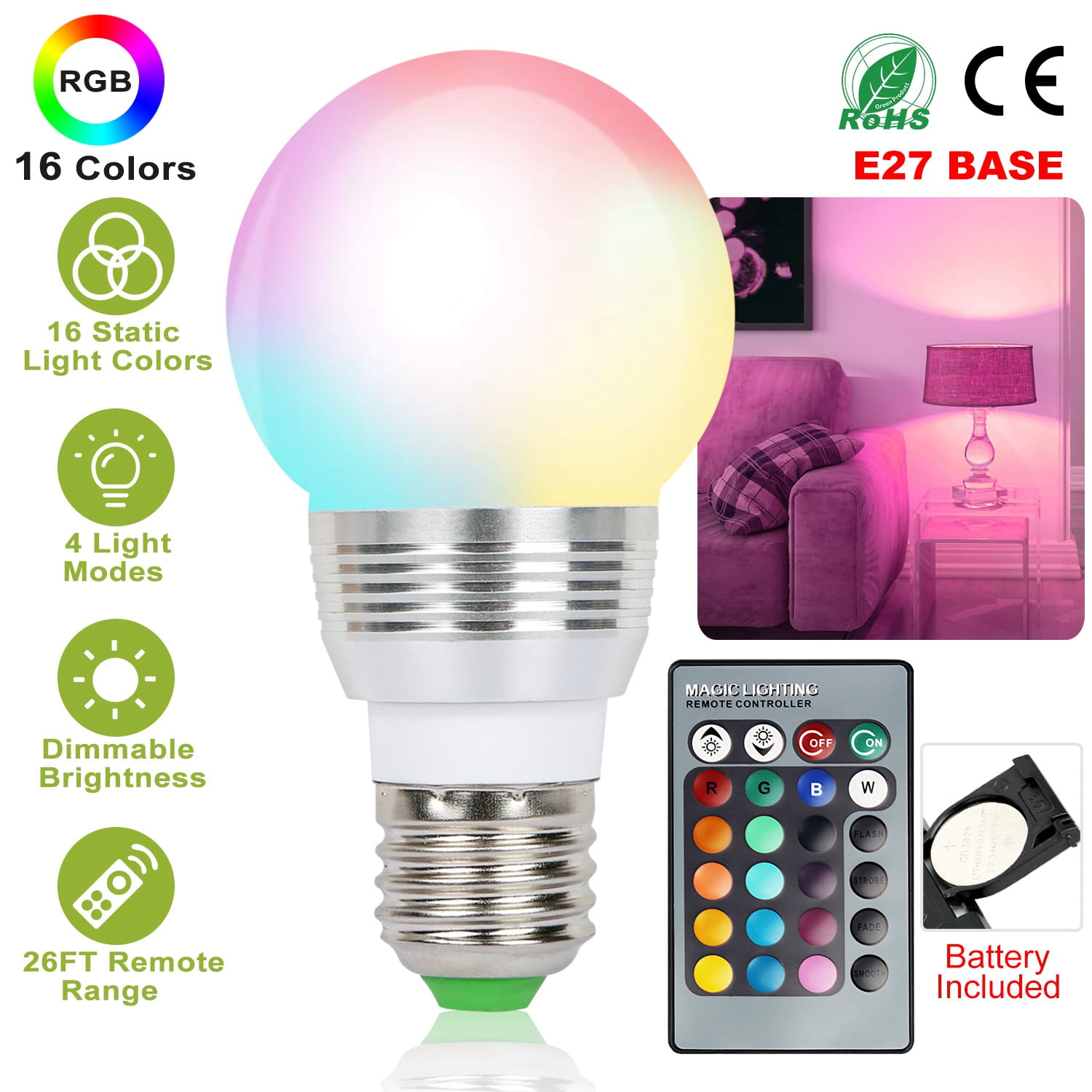 E27 3W LED Bulb RGB 16 Colors Lamp Dimmable Light Remote Control E14 MR16/12V 
